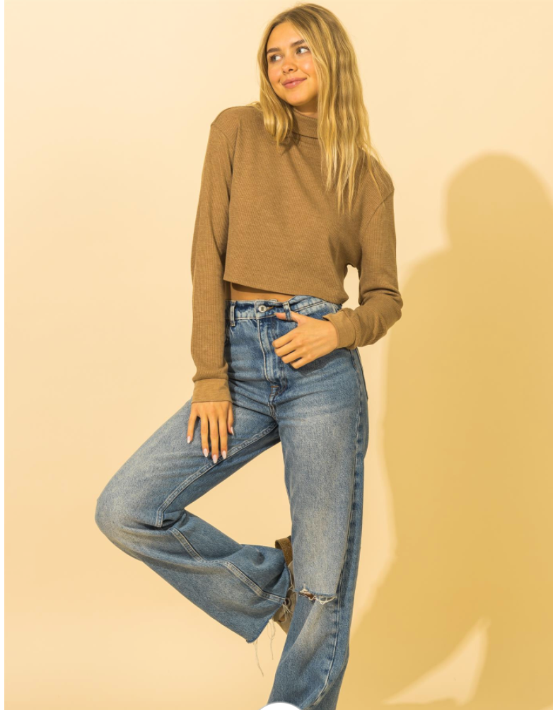 Turtleneck Drop Shoulder Long Sleeve Crop Top