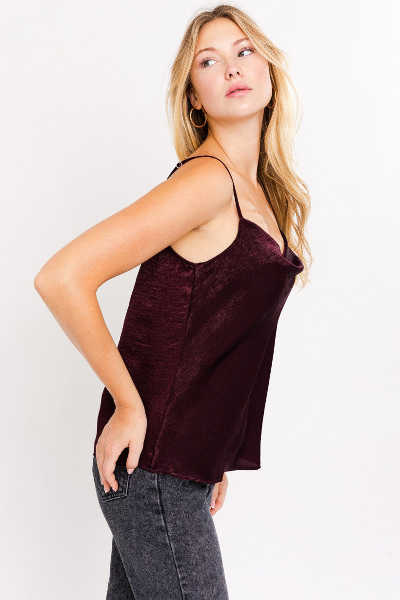 Wine Sleeveless Cowl Neck Satin Top